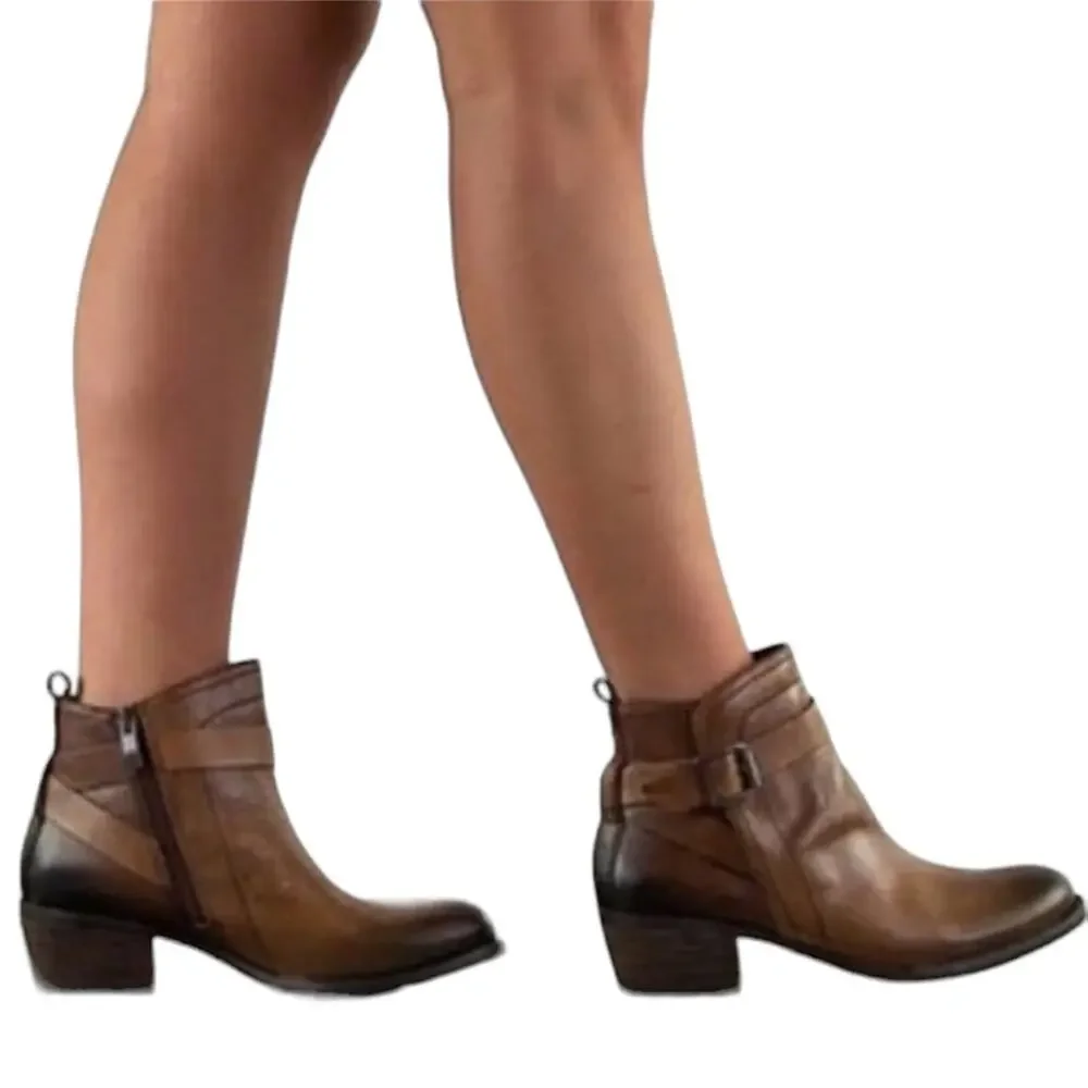 VINCE‎ CAMUTO Peamer Cognac Burnished Leather Ankle Boots Buckles Distressed 7.5